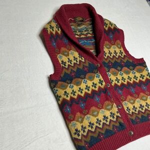 90's Eddie Bauer Fair Isle Knit Vest Shawl Collar Button Front Sleeveless Size S